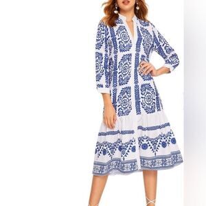 Zara White and Blue Cuffed Sleeve Midi Sundress